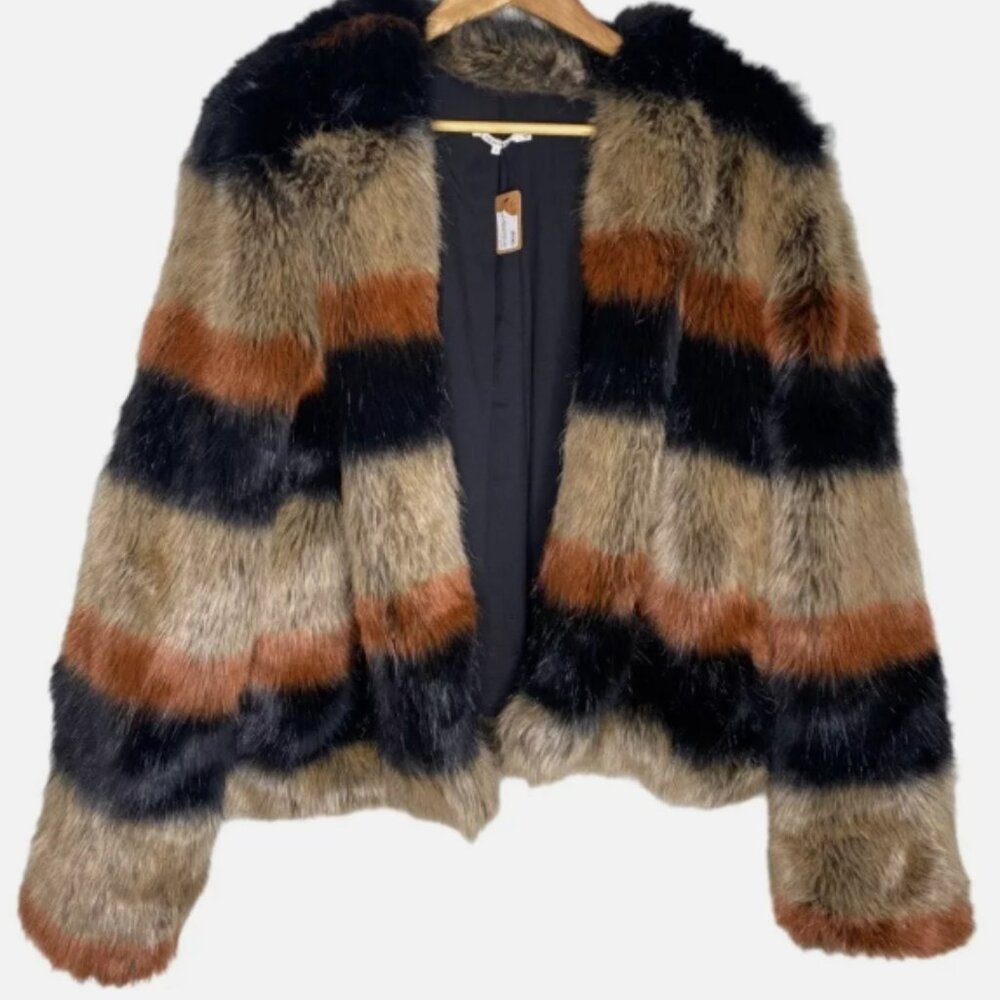 Tularosa 70s Stripe Faux Fur Coat, Large, Revolve, Vegan Jacket, Multi Color